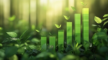 Close-up of a bar chart in shades of green, depicting an upward trend in eco-friendly investments. Space for text or logo.