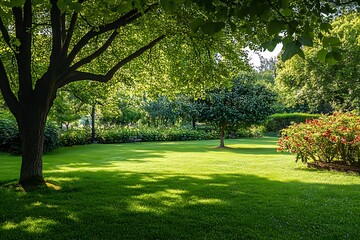 Obraz premium Tranquil Green Meadow Landscape with Lush Trees and Sunlit Grass