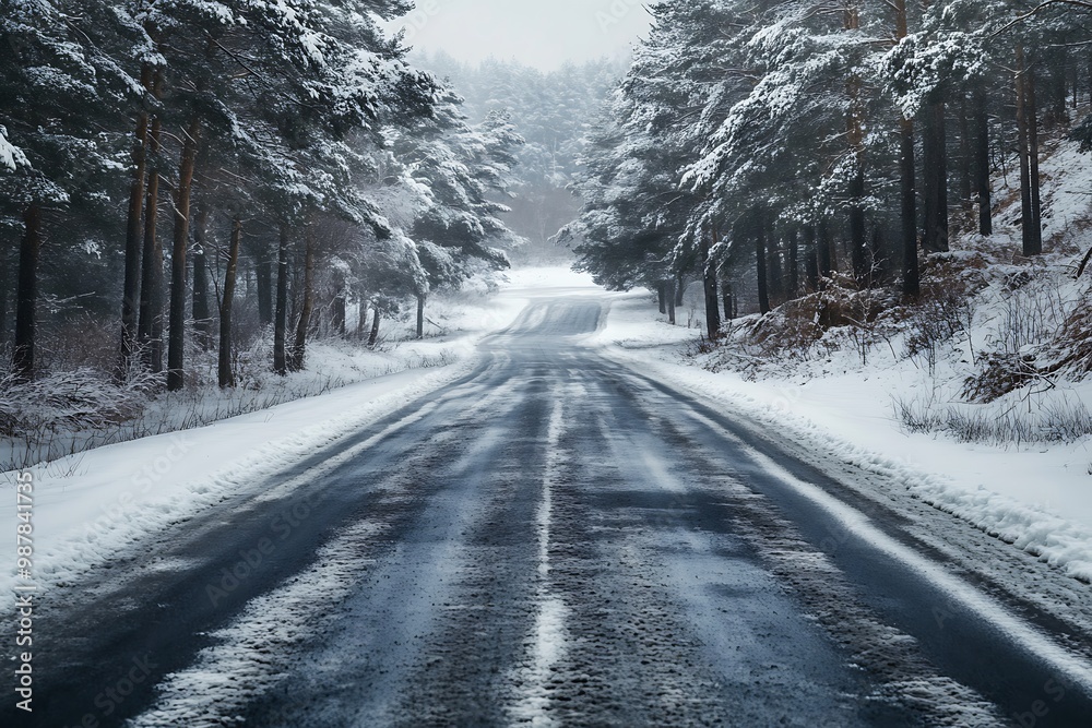 Wall mural Snowy Road in the Forest, Winter Landscape