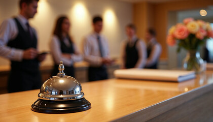  Elegant hotel reception bell on a wooden counter, embodying hospitality and professionalism.