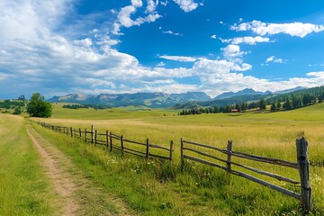 Fototapeta premium Country road through green meadow and wooden fence with mountains and blue sky in the background.