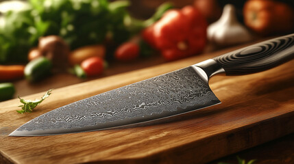damascus steel knife on wooden cutting board with vegetables © Elvina