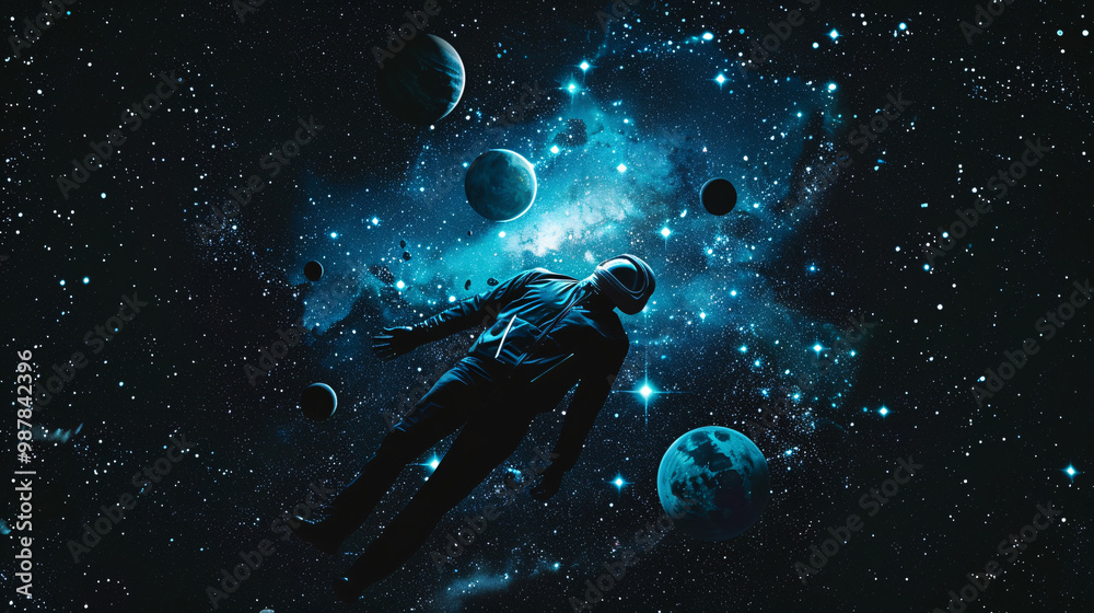 Wall mural a person floating in space with stars and planets around them. symbolizing cosmic awareness and infi