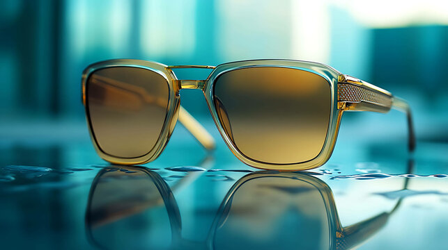 A close-up of stylish, tortoise-shell sunglasses with brown lenses sitting on a water surface.