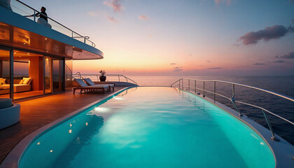  Rear-view shot of a luxurious superyacht with a glowing pool at sunset exudes opulence.