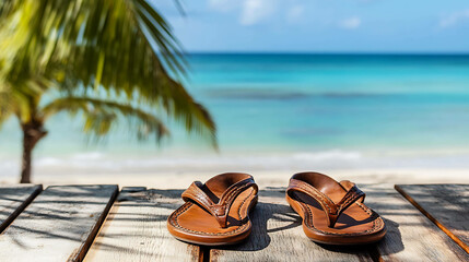 A pair of leather sandals on a wooden deck overlooking a tropical beach.