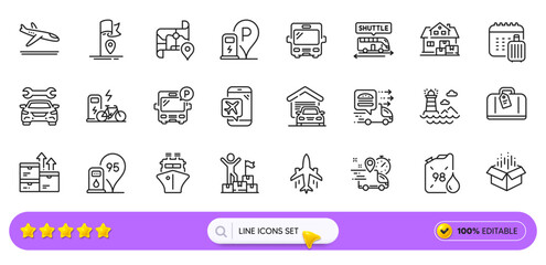 Ship, Flag and Food delivery line icons for web app. Pack of Petrol station, Arrivals plane, Bus pictogram icons. Wholesale goods, Plane, Hand baggage signs. Open box, Map, Baggage calendar. Vector