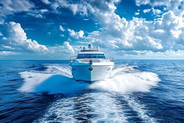 Luxury Yacht Sailing on Blue Ocean Waters with White Clouds