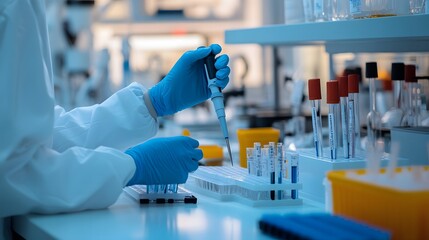 Fototapeta premium A Scientist in a Lab Coat Using a Pipette to Transfer Liquid into Test Tubes