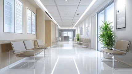 Fototapeta premium Modern empty waiting area in a hospital with clean design, minimalistic furniture, and medical posters on the walls. Perfect for healthcare settings.