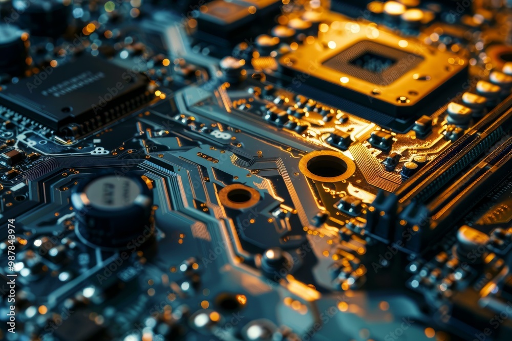 Poster electronic circuit board showing computer technology with shallow depth of field and warm lighting
