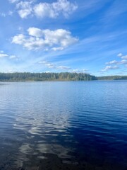 beautiful blue lake view, blue sky with white clouds reflections on the lake surface