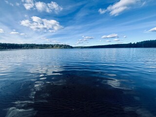 beautiful blue lake view, blue sky with white clouds reflections on the lake surface