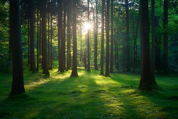 Obraz premium Sunlight filtering through the trees in a lush green forest