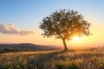 Fototapeta premium Lonely tree silhouette in golden sunset with blue sky and hills in background