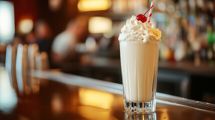 Banana milkshake with whipped cream in a caf&eacute;