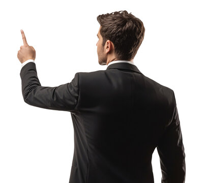 Rear view of businessman in a full suit pointing something above with finger