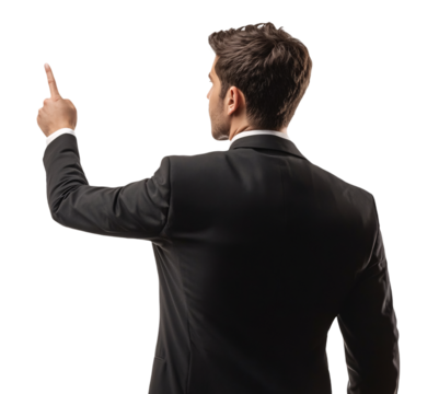 Rear view of businessman in a full suit pointing something above with finger - Powered by Adobe
