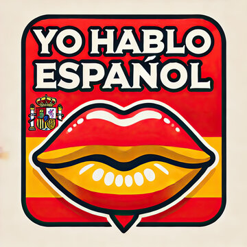 stylized representation of a pair of lips, colors the flag of the Spain with the text 'Yo hablo espa&ntilde;ol'. concept of Learning Spanish.