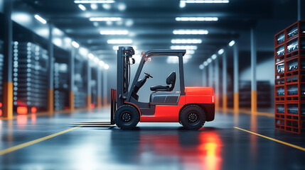 Ready forklift in modern industrial warehouse