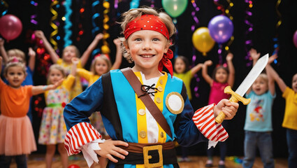 Happy boy in a pirate costume at a school play