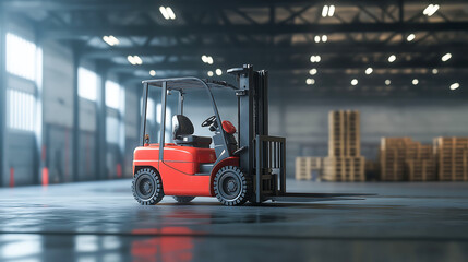 Fototapeta premium Ready forklift in modern industrial warehouse