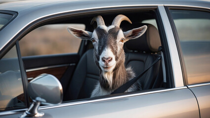 A goat driving an old car.