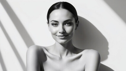 Black and white portrait of a young model with a free neckline.