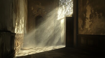 Sunlight Streaming Through a Window in an Abandoned Mansion Hallway