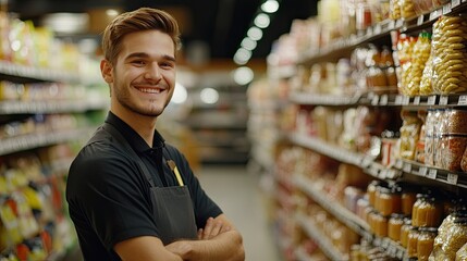 Obraz premium Supermarket employee with a smile standing in the grocery aisle, camera focused on his friendly, professional attitude.