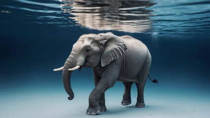 An elephant walks underwater in the ocean.