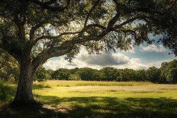 Obraz premium Large oak tree with long branches casts shade over green field and forest, sunlight through branches