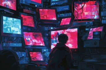 Hacker is programming surrounded by multiple computer monitors displaying abstract data
