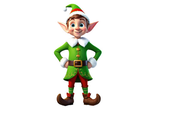 3D cartoon elf, exuding happiness, full body, centered cutout, isolated against a stark white background, vibrant colors, digital render, ultra clear, high-resolution stock photograph