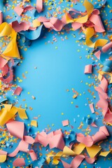 Obraz premium A vibrant image featuring colorful confetti and ribbons framing a blue background. This cheerful scene is ideal for celebration or party-related promotions and designs.