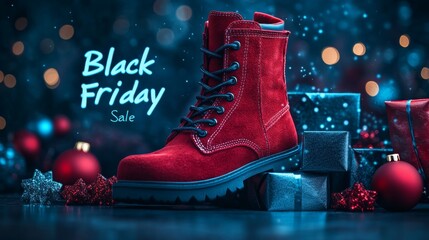 A single red boot is showcased among festive holiday decorations, promoting Black Friday sales in a visually appealing way with twinkling lights and wrapped gifts, adding seasonal charm.
