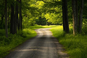 Naklejka premium Scenic Dirt Road Winding Through Lush Green Forest