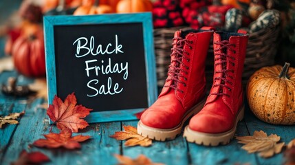 A pair of vibrant red boots sit beside a small chalkboard sign announcing a Black Friday Sale, surrounded by autumn leaves and pumpkins, on a rustic table.