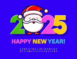 Vector children Greeting Card Happy New Year 2025 with funny Santa Claus. Bright Kids Font. Sticker style  Alphabet Letters and Numbers set