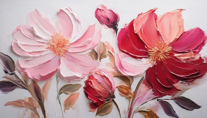 Oil painting of pink red flowers on white canvas. Palette knife technique. Hand drawn botanical art