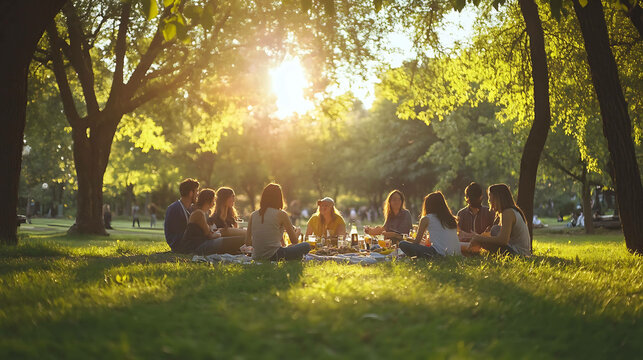 Group of friends enjoying a picnic in a park on a sunny day.