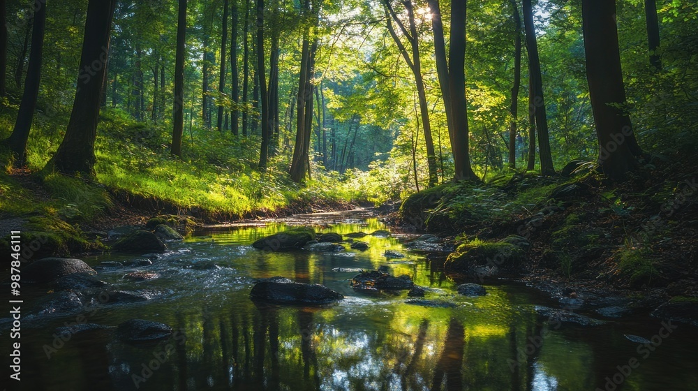 Wall mural Sunlit Stream Flowing Through a Dense Forest