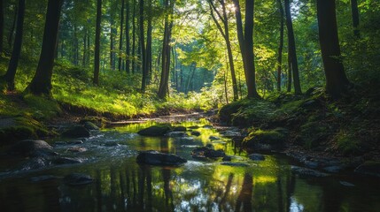 Obraz premium Sunlit Stream Flowing Through a Dense Forest