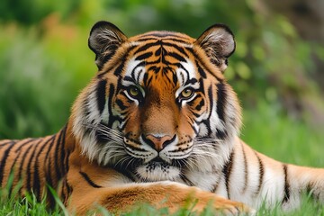 Fototapeta premium Closeup portrait of a majestic tiger resting in the grass