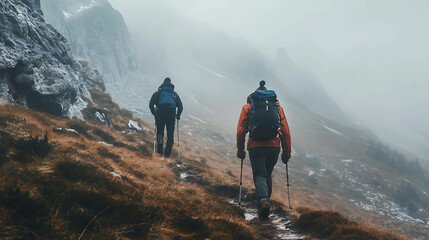 Two hikers walk through foggy mountain terrain.