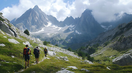 A group of hikers walking up a mountain trail.
