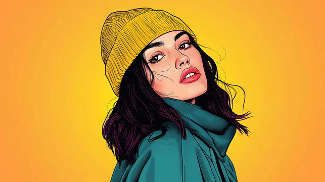 A woman with dark hair and a yellow beanie stares at the viewer with a confident look.