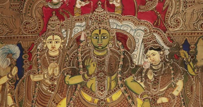 Close-up view on Ramapattabhisheka tableau. scene has Rama and Sita on throne. couple is flanked by Ramas brothers, Vibhishana, allies, rishis, kings, and noblemen