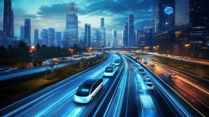 Obraz premium Autonomous Vehicles Driving on a City Highway at Night