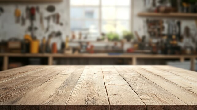 Empty wooden table in carpentry workshop highlighting tools on wall with selective focus